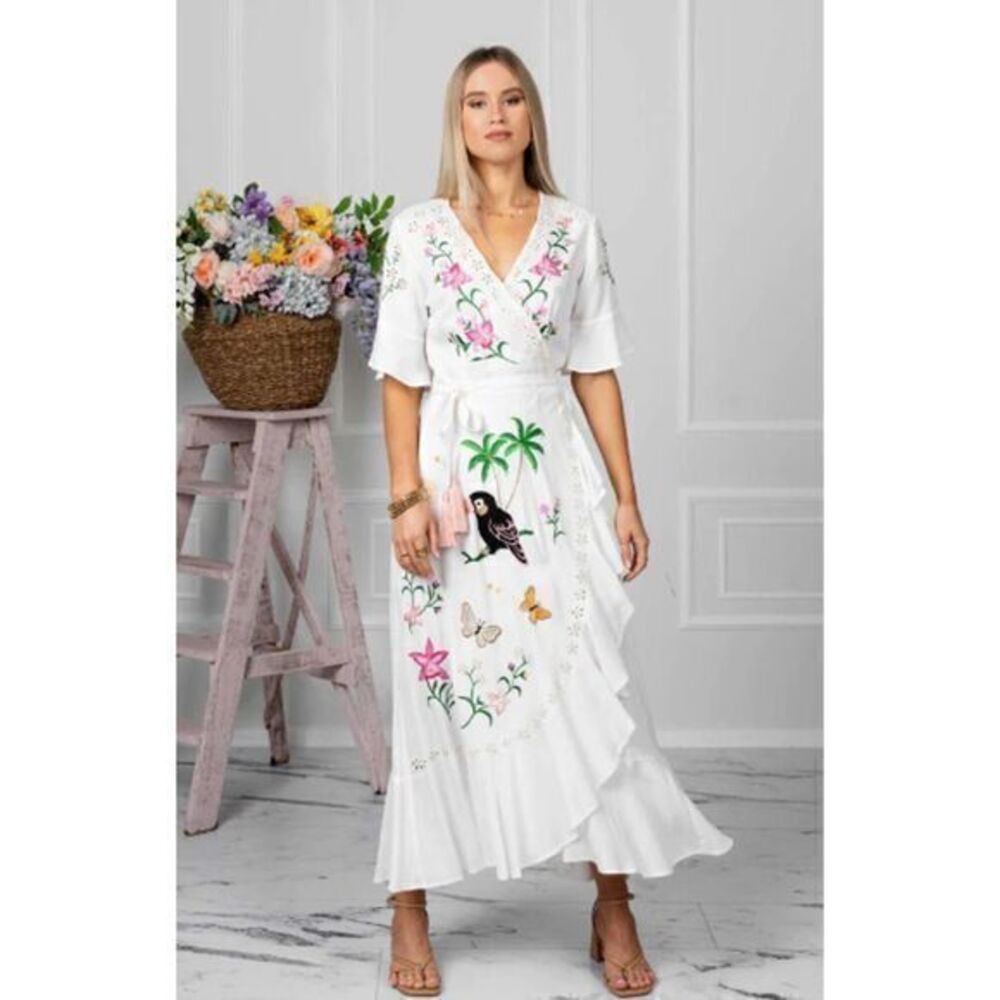 ZAIMARA White Cotton Wrap Embroidered V-neckline Flutter Midi Dress MEDIUM